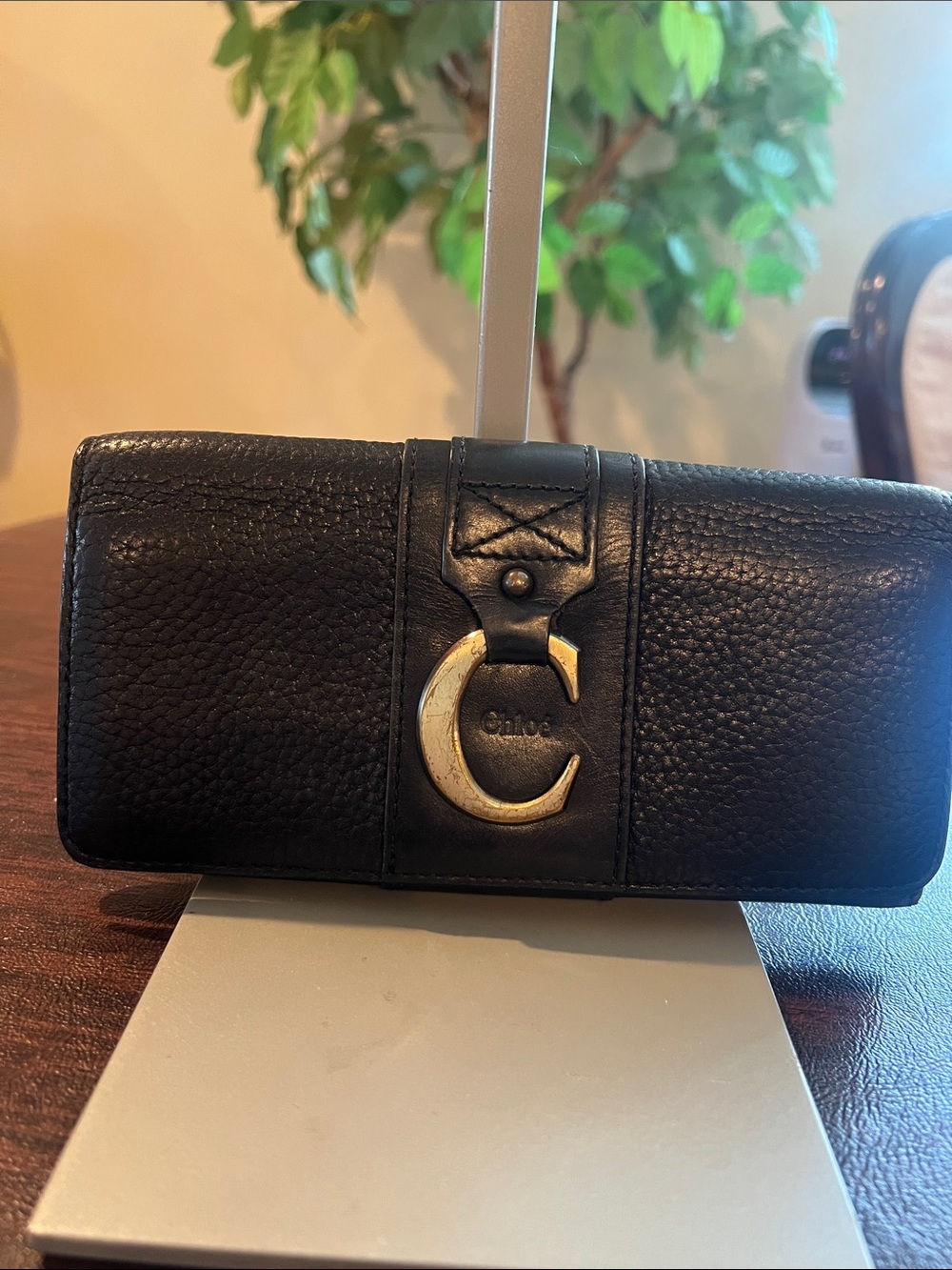 Black Leather Clutch Wallet with Gold 'C' Accent